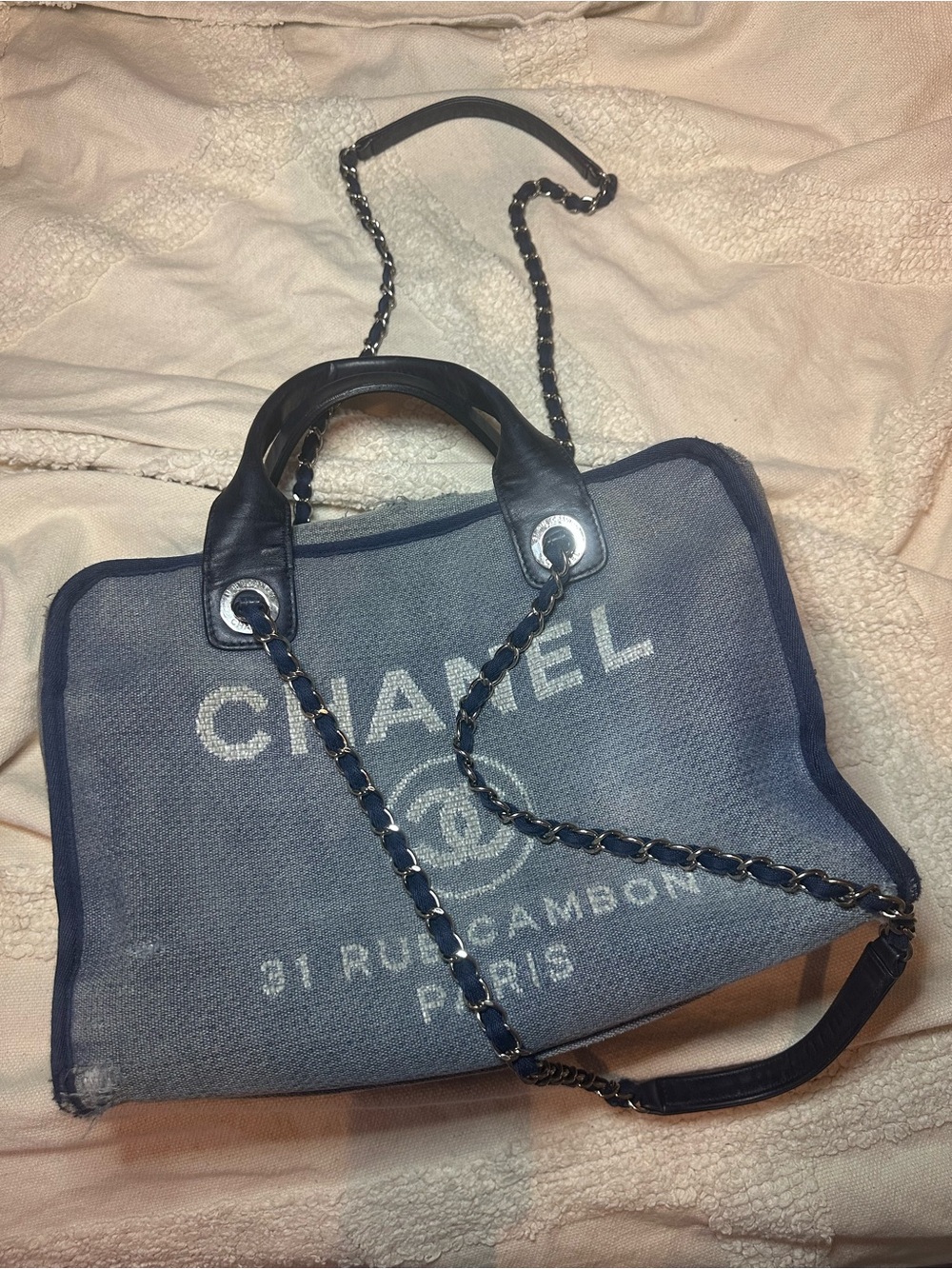 CHANEL Denim Blue Canvas Coco Cabas Tote with Chain and Leather Straps